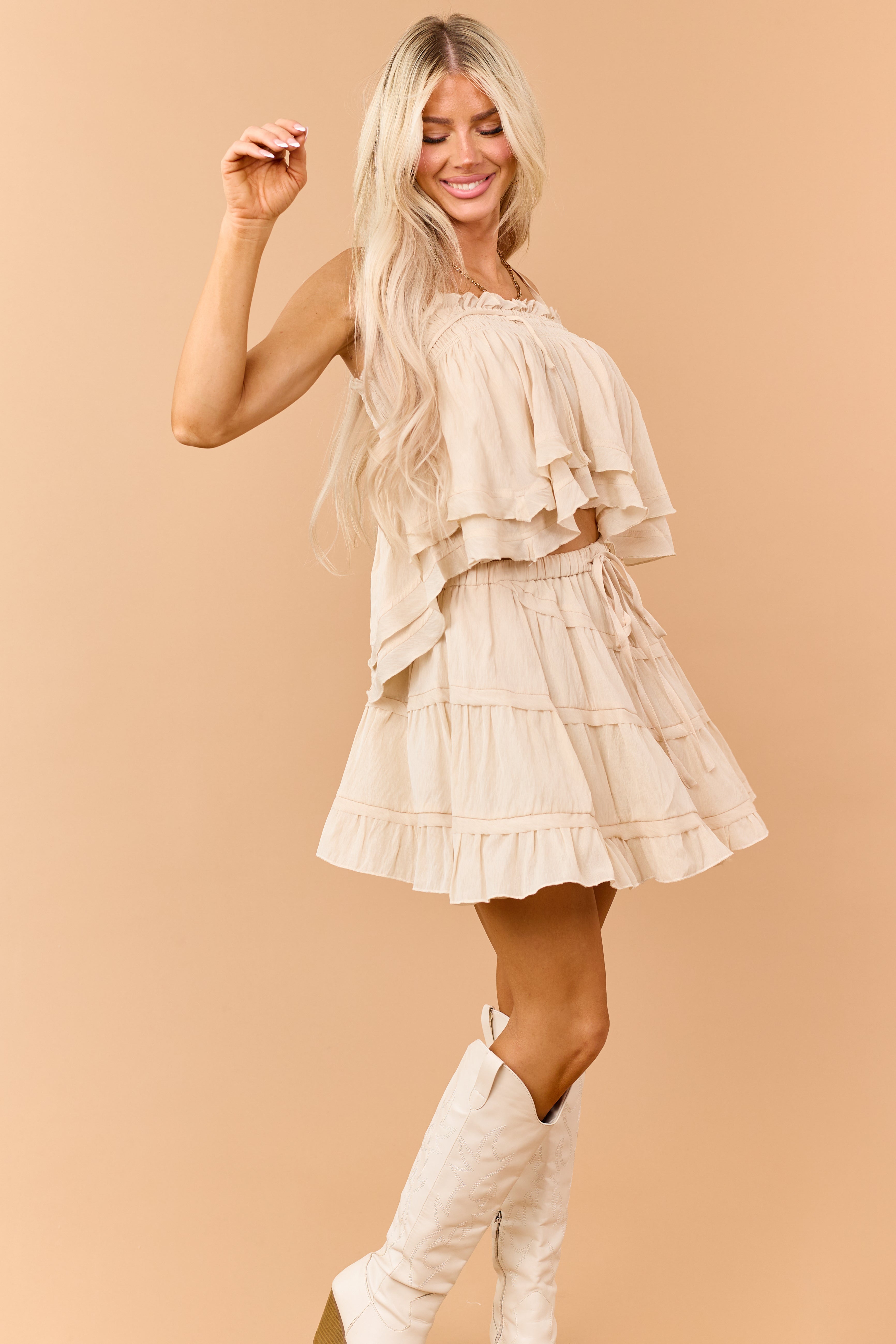 Beige Smocked Tiered Handkerchief Hem Cami Top