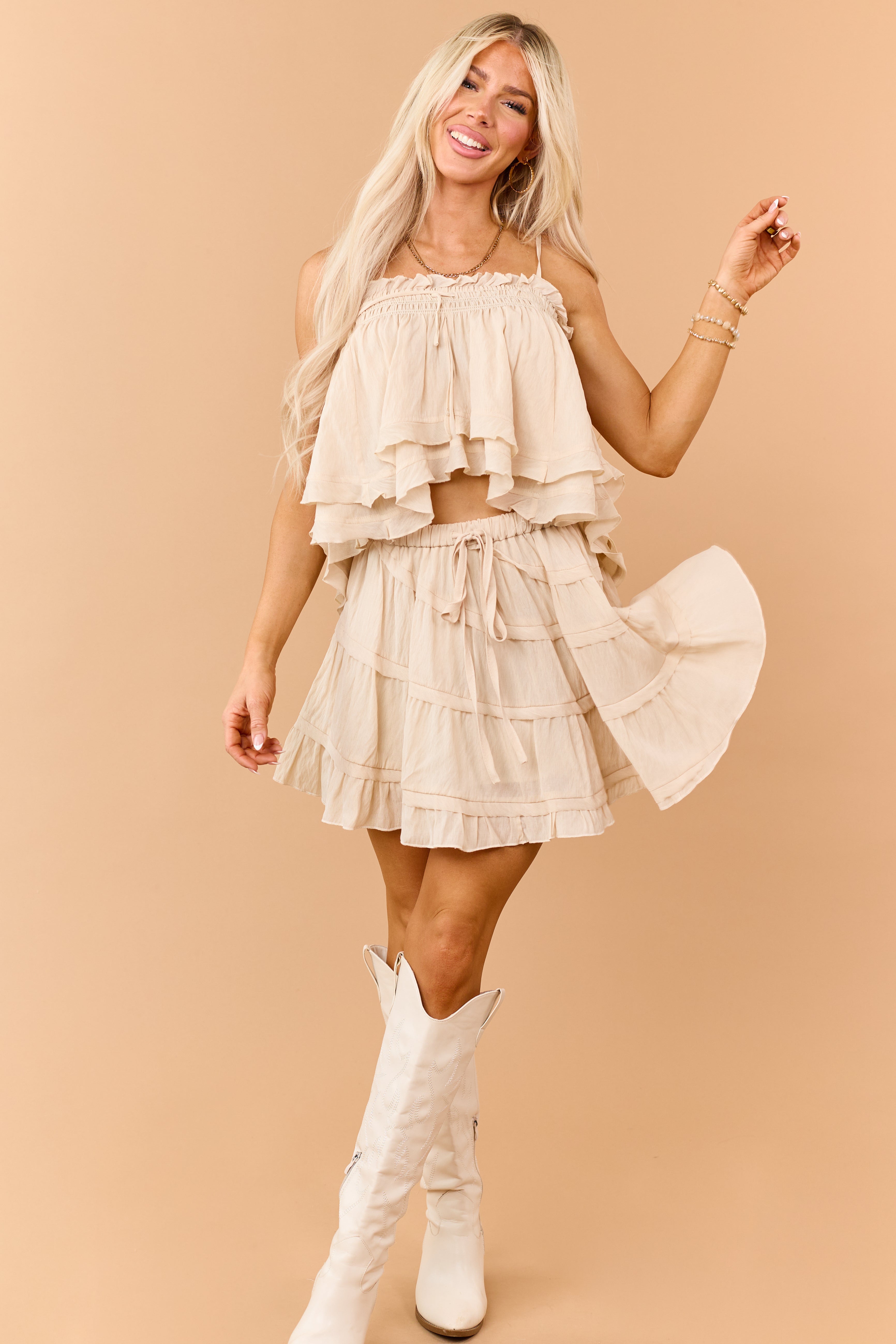 Beige Smocked Tiered Handkerchief Hem Cami Top