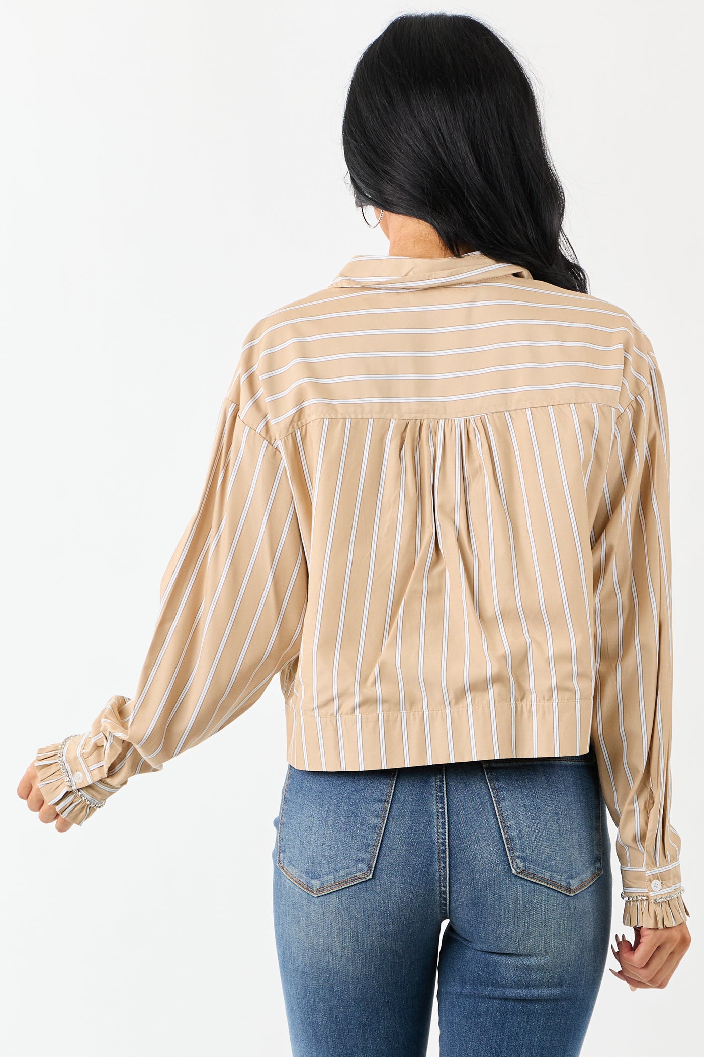 Beige Striped Button Up Long Sleeve Cotton Top