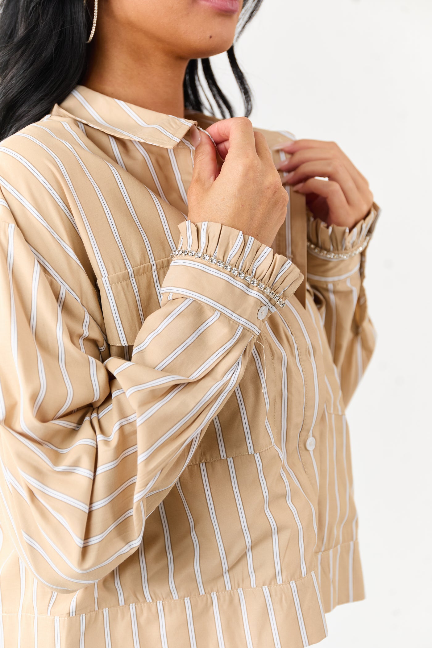 Beige Striped Button Up Long Sleeve Cotton Top