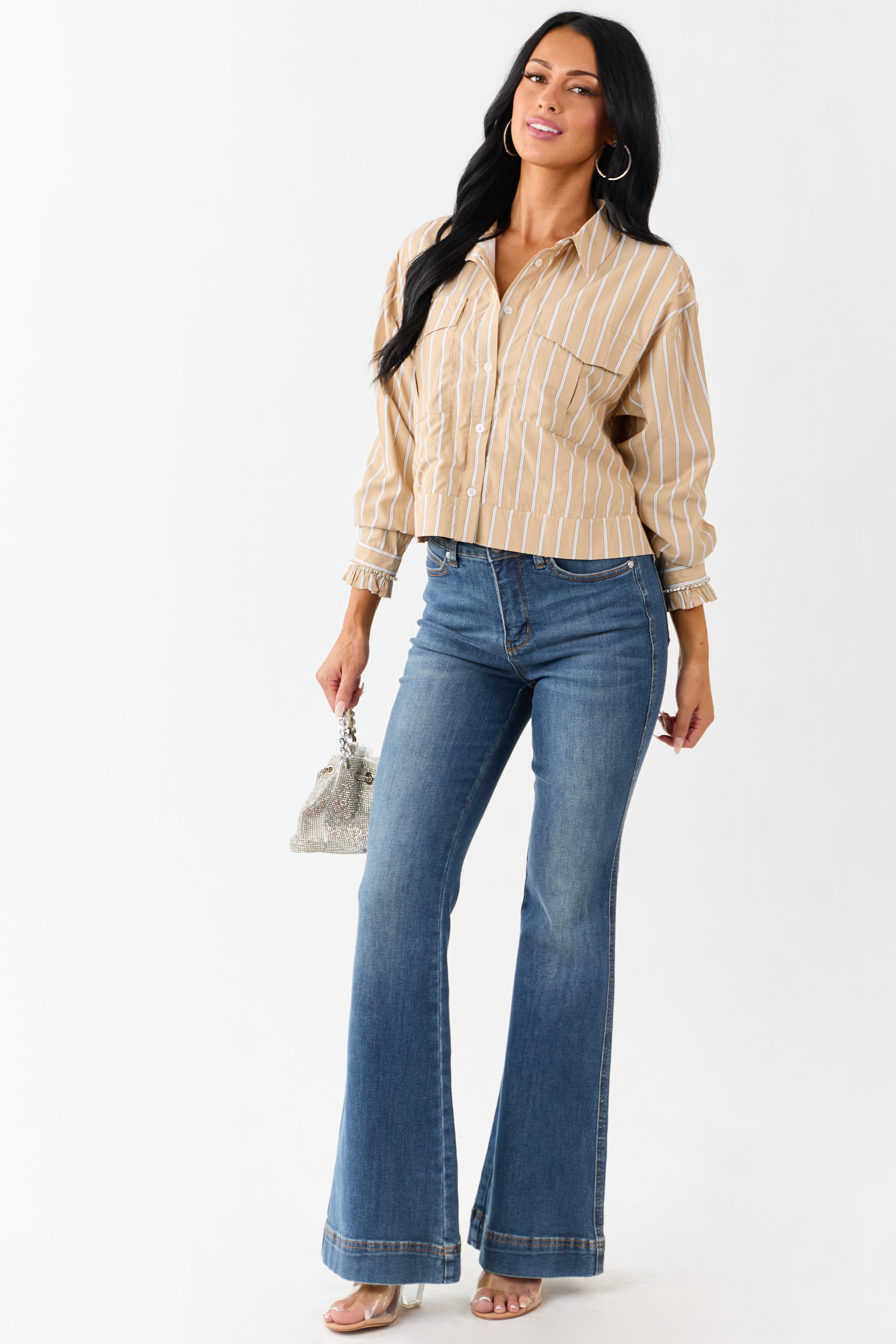 Beige Striped Button Up Long Sleeve Cotton Top