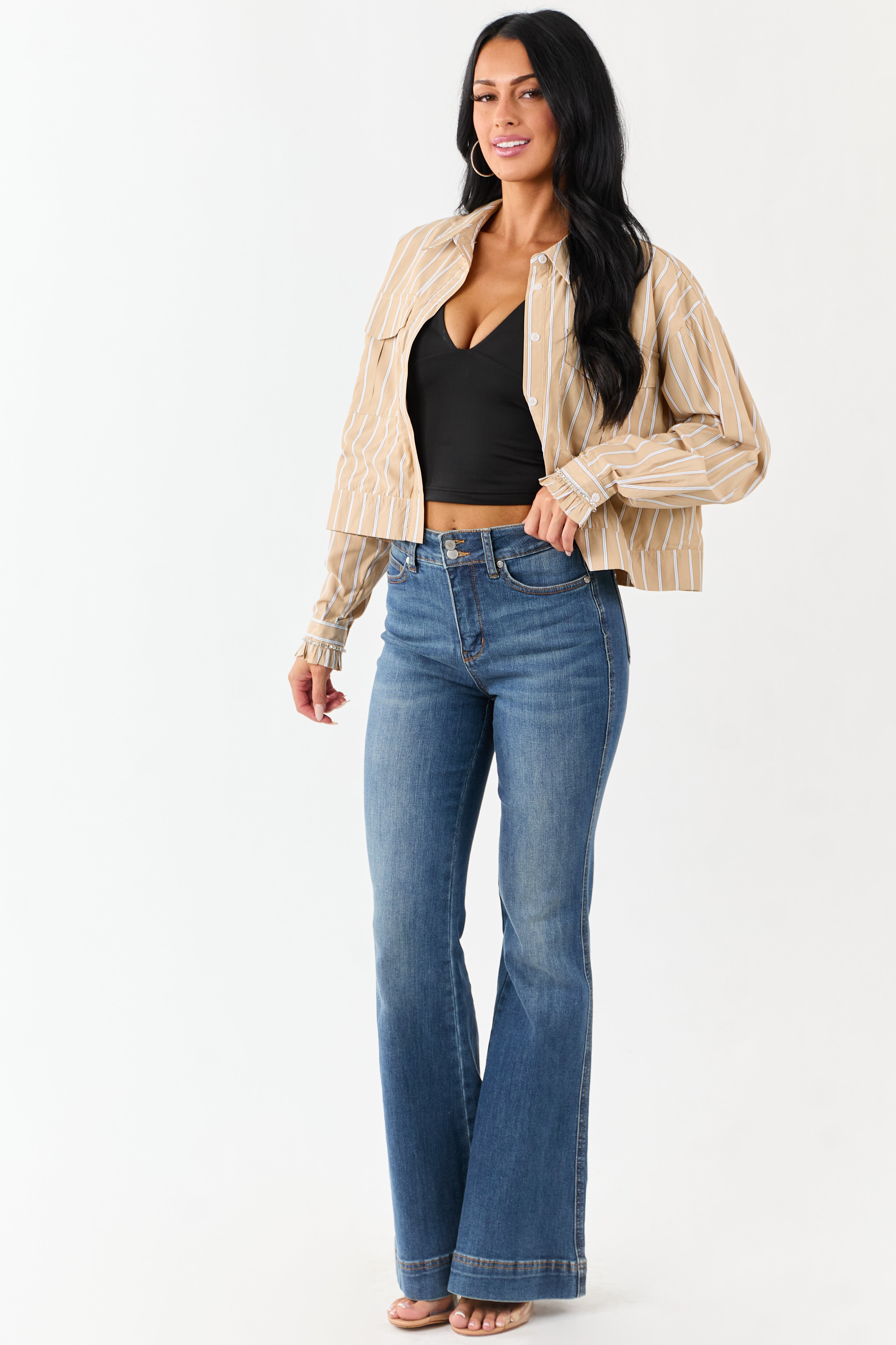 Beige Striped Button Up Long Sleeve Cotton Top