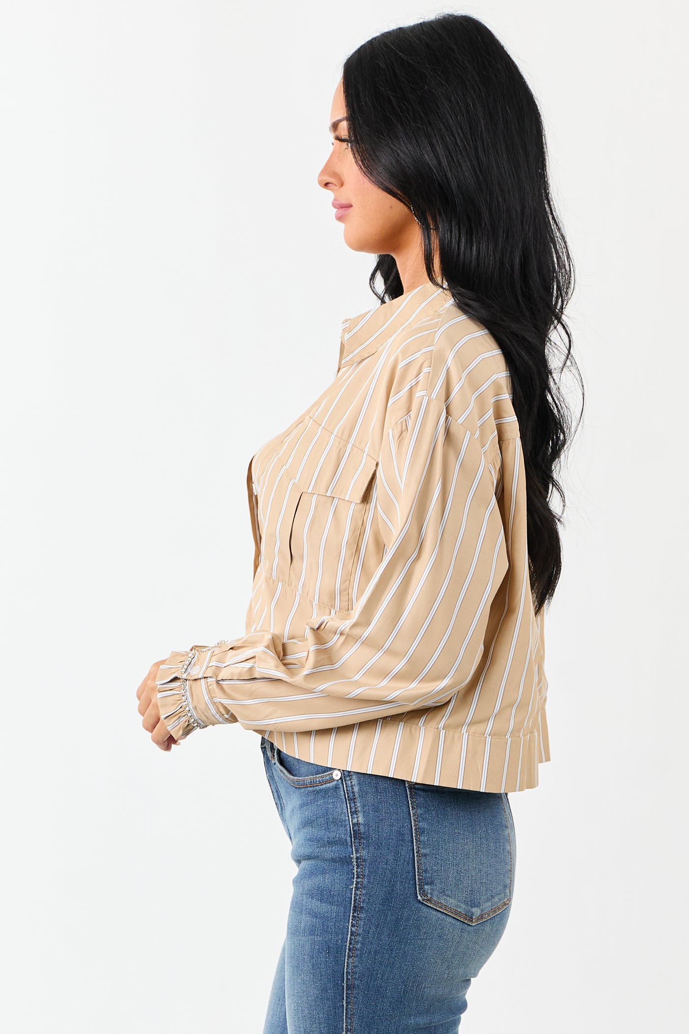 Beige Striped Button Up Long Sleeve Cotton Top