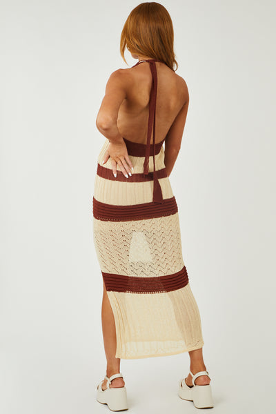 Beige Striped Halter Neck Knit Maxi Dress