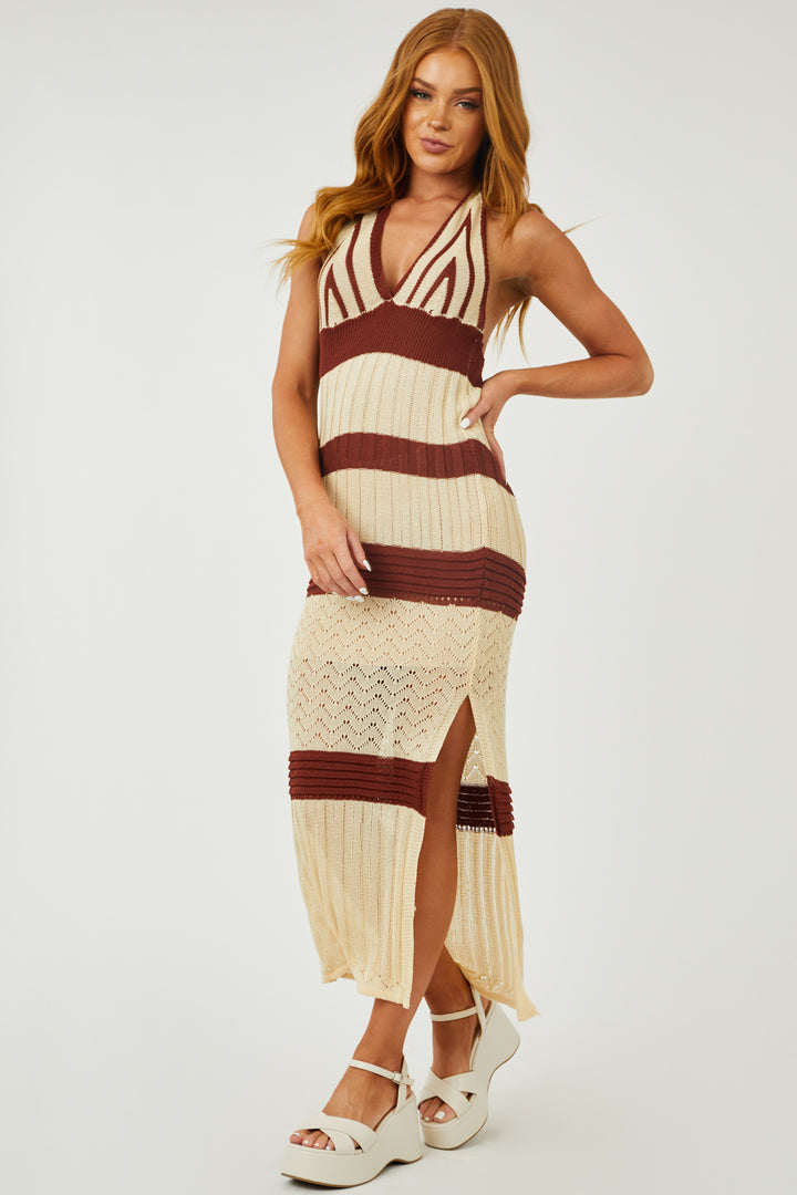 Beige Striped Halter Neck Knit Maxi Dress