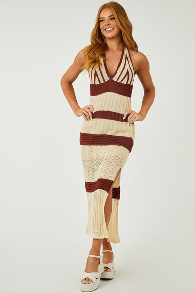 Beige Striped Halter Neck Knit Maxi Dress