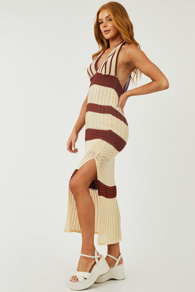 Beige Striped Halter Neck Knit Maxi Dress