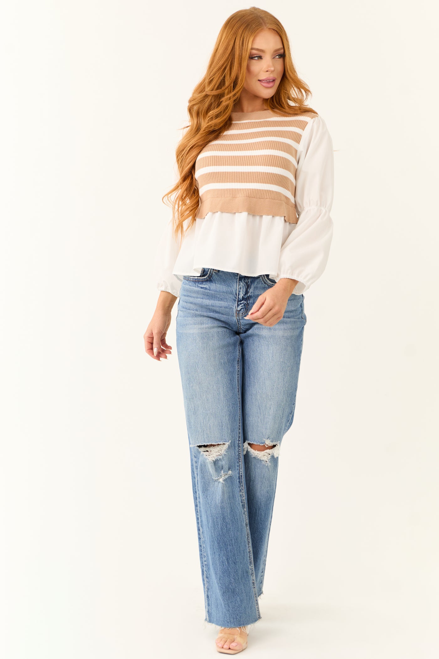 Beige Striped Sweater Vest with Long Sleeve Top