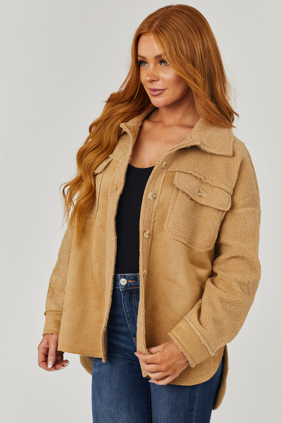 Beige Suede and Sherpa Button Down Shacket