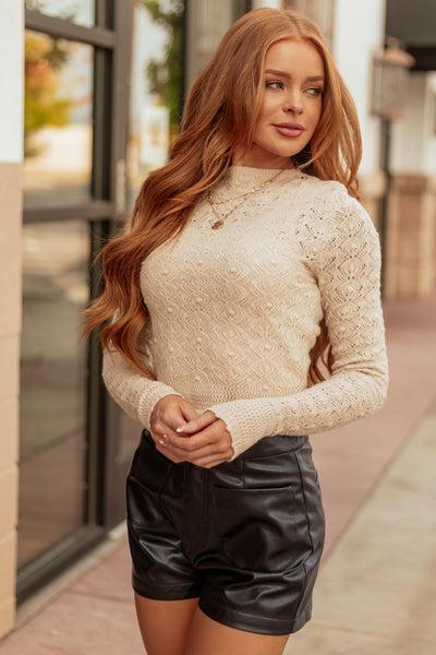 Beige Textured Pointelle Knit Sweater