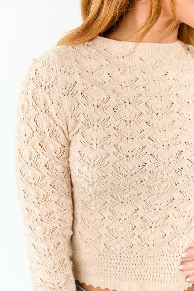 Beige Textured Pointelle Knit Sweater