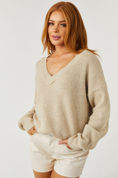 Beige V Neck Long Sleeve Brushed Knit Sweater