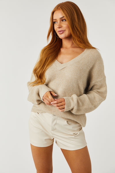 Beige V Neck Long Sleeve Brushed Knit Sweater