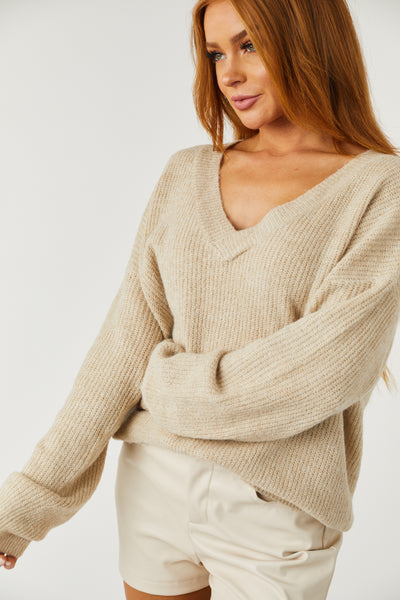 Beige V Neck Long Sleeve Brushed Knit Sweater