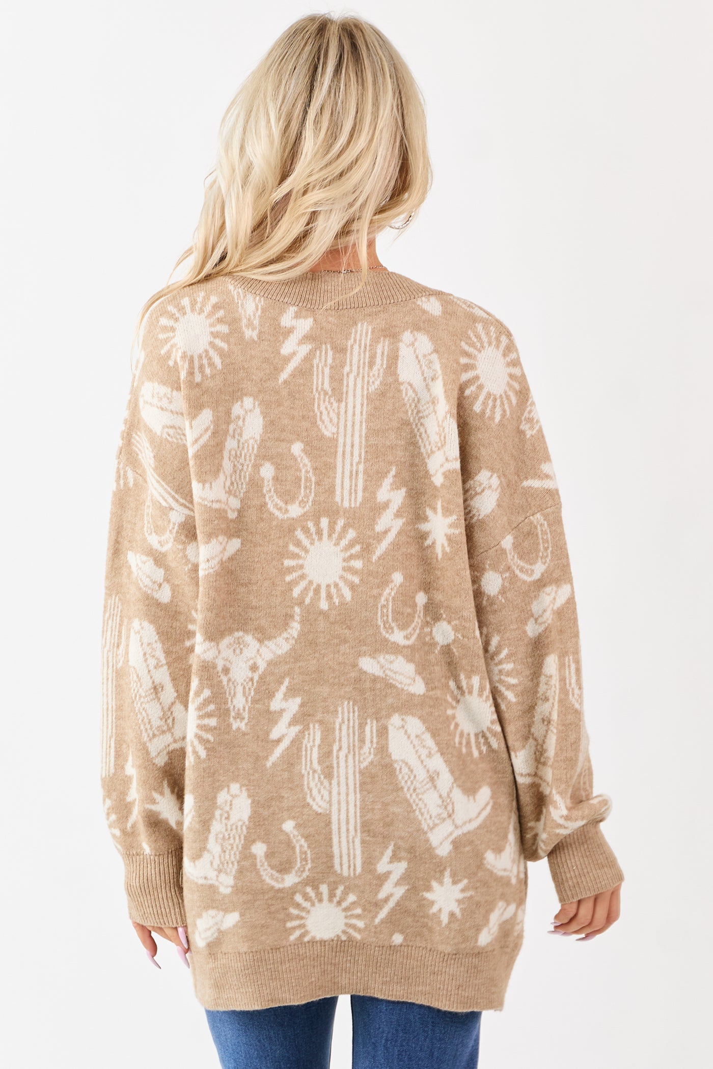 Beige Western Print Open Front Ribbed Trim Cardigan