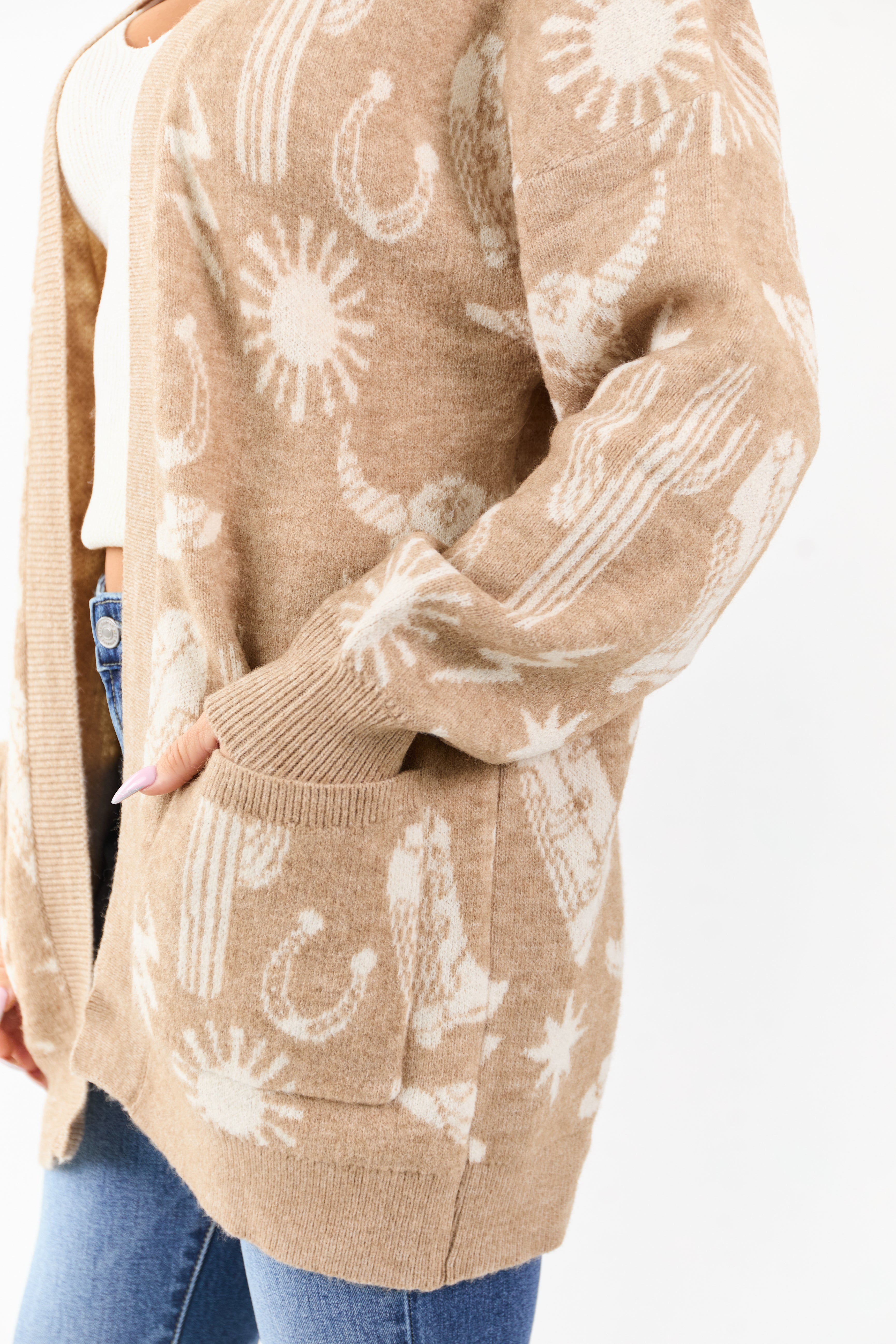Beige Western Print Open Front Ribbed Trim Cardigan | Lime Lush
