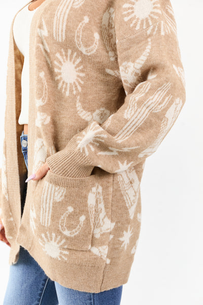 Beige Western Print Open Front Ribbed Trim Cardigan