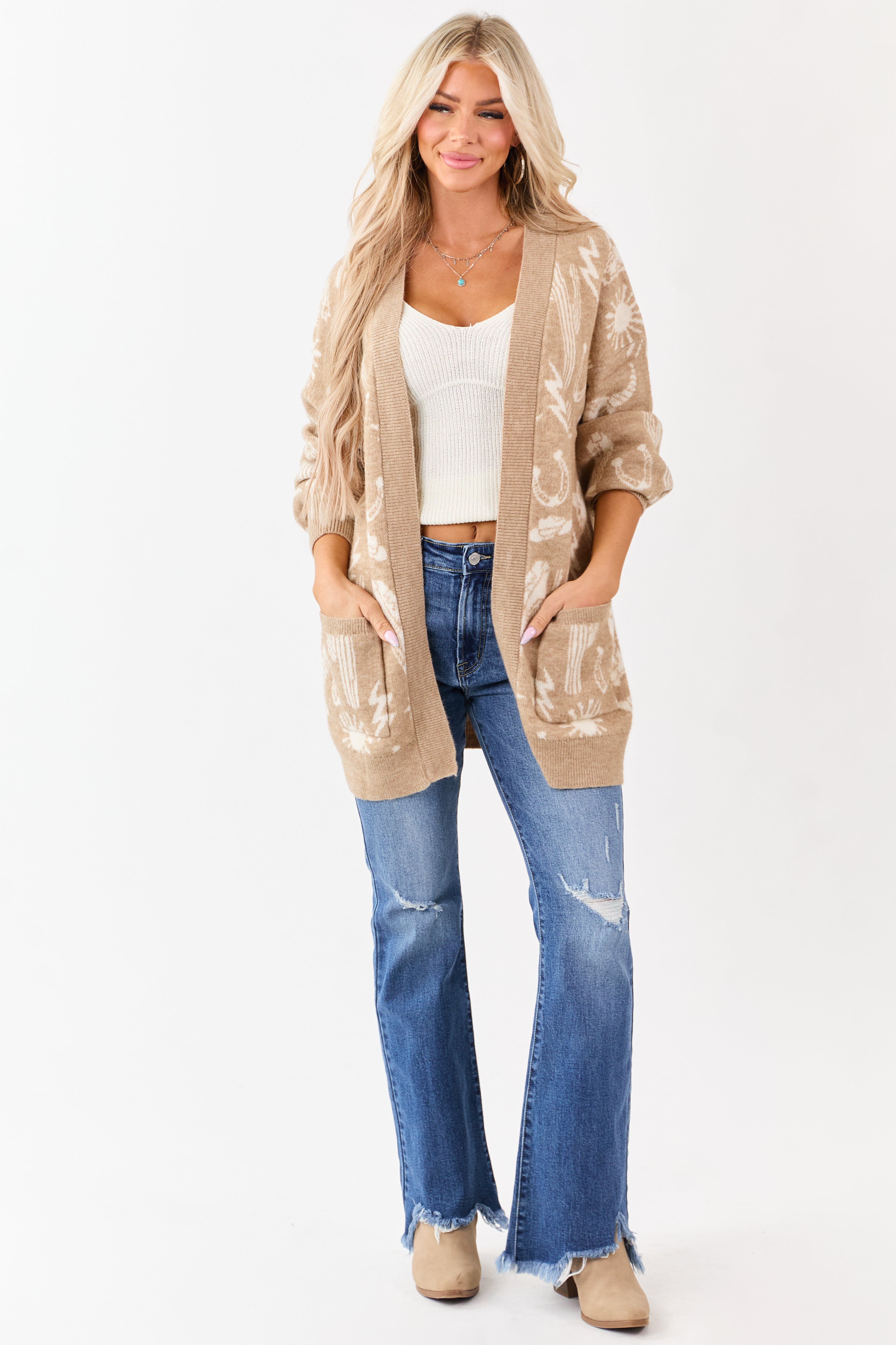 Beige Western Print Open Front Ribbed Trim Cardigan