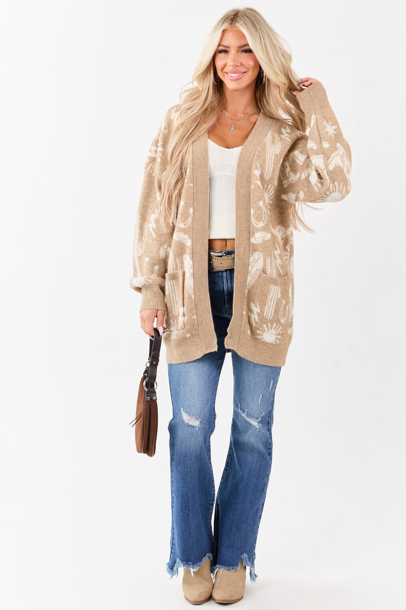 Beige Western Print Open Front Ribbed Trim Cardigan