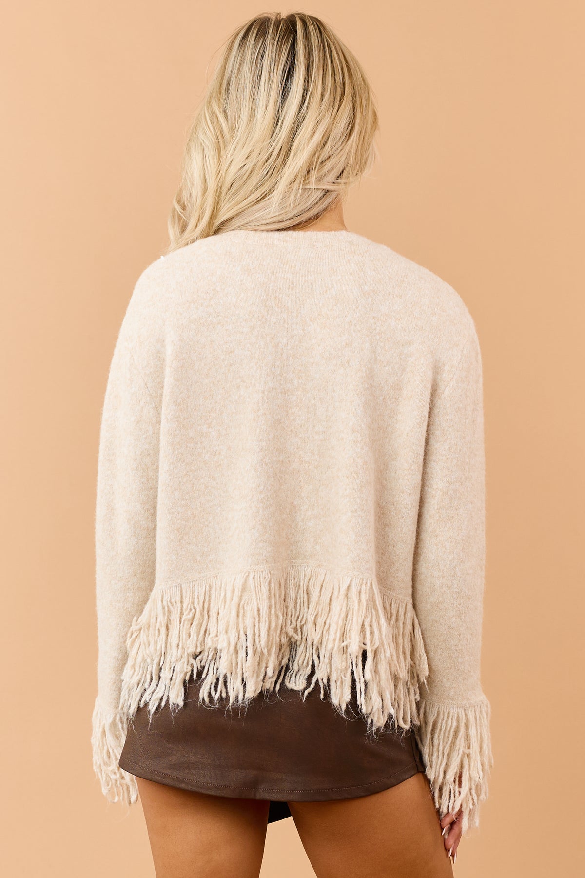 Beige Wool Blend Buttoned Neckline Fringe Cardigan