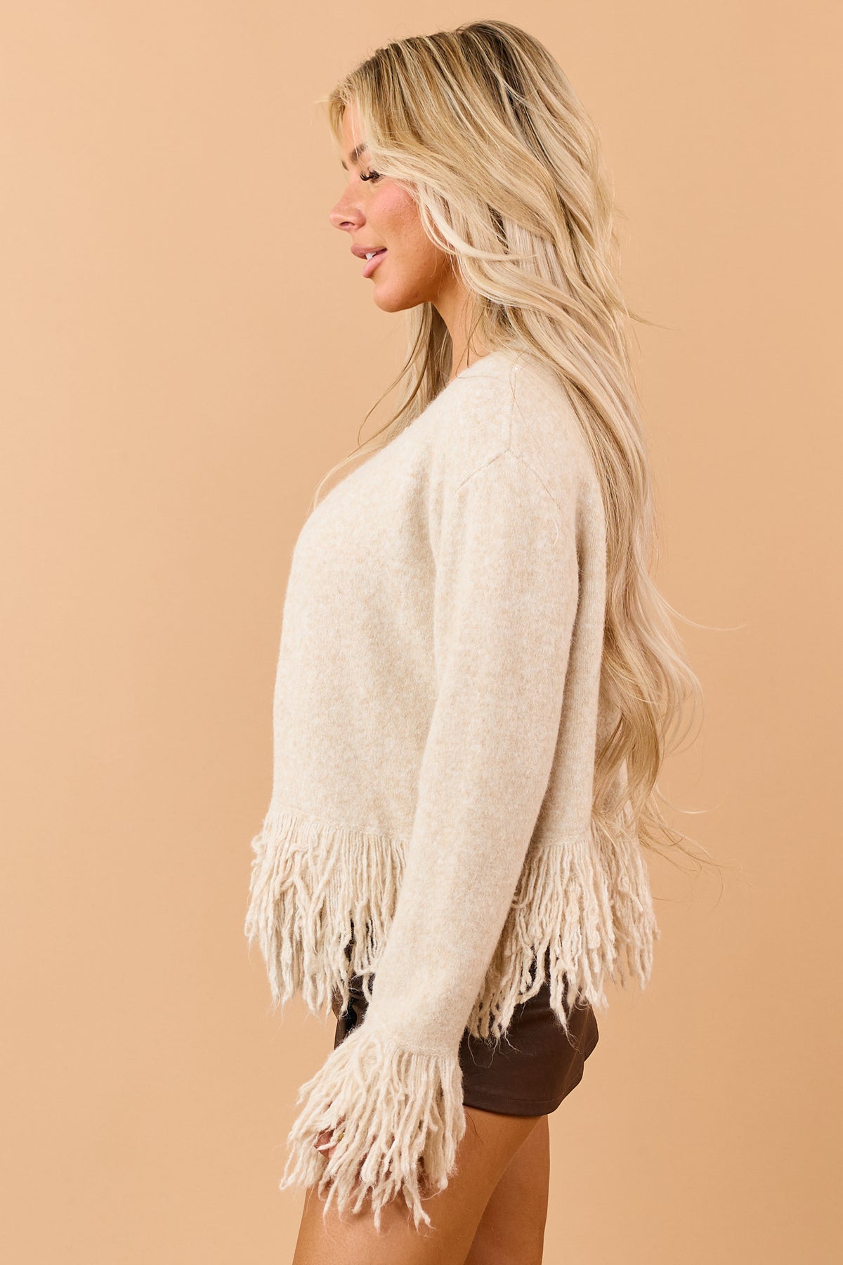 Beige Wool Blend Buttoned Neckline Fringe Cardigan