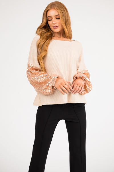 Beige and Apricot Sequin Long Sleeve Top