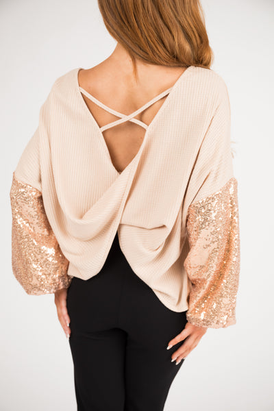 Beige and Apricot Sequin Long Sleeve Top