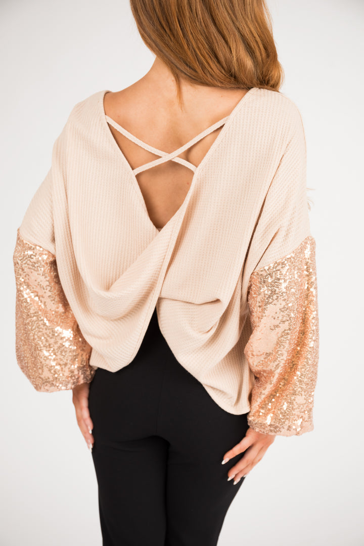 Beige and Apricot Sequin Long Sleeve Top
