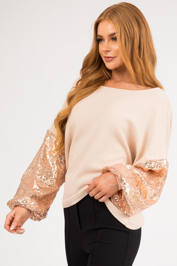 Beige and Apricot Sequin Long Sleeve Top