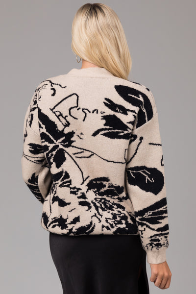 Beige and Black Abstract Print V Neck Cardigan