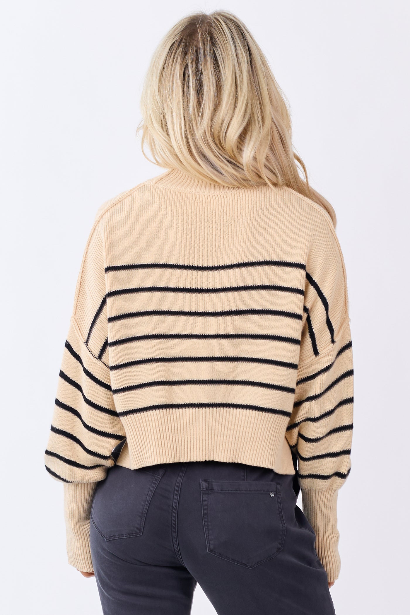 Beige and Black Striped Cropped Ribbed Knit Sweater