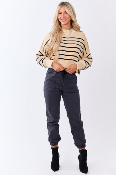 Beige and Black Striped Cropped Ribbed Knit Sweater