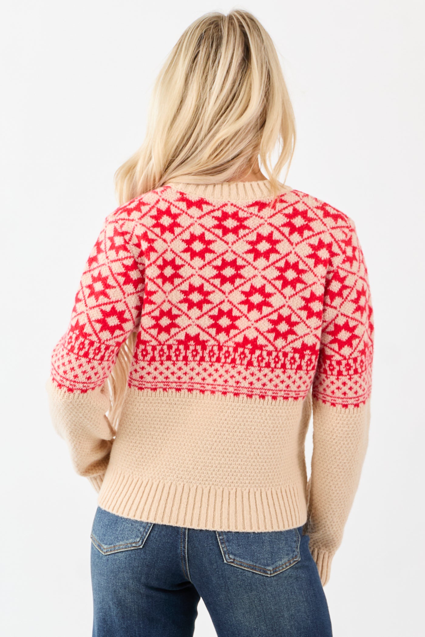 Beige and Crimson Geometric Print Sweater