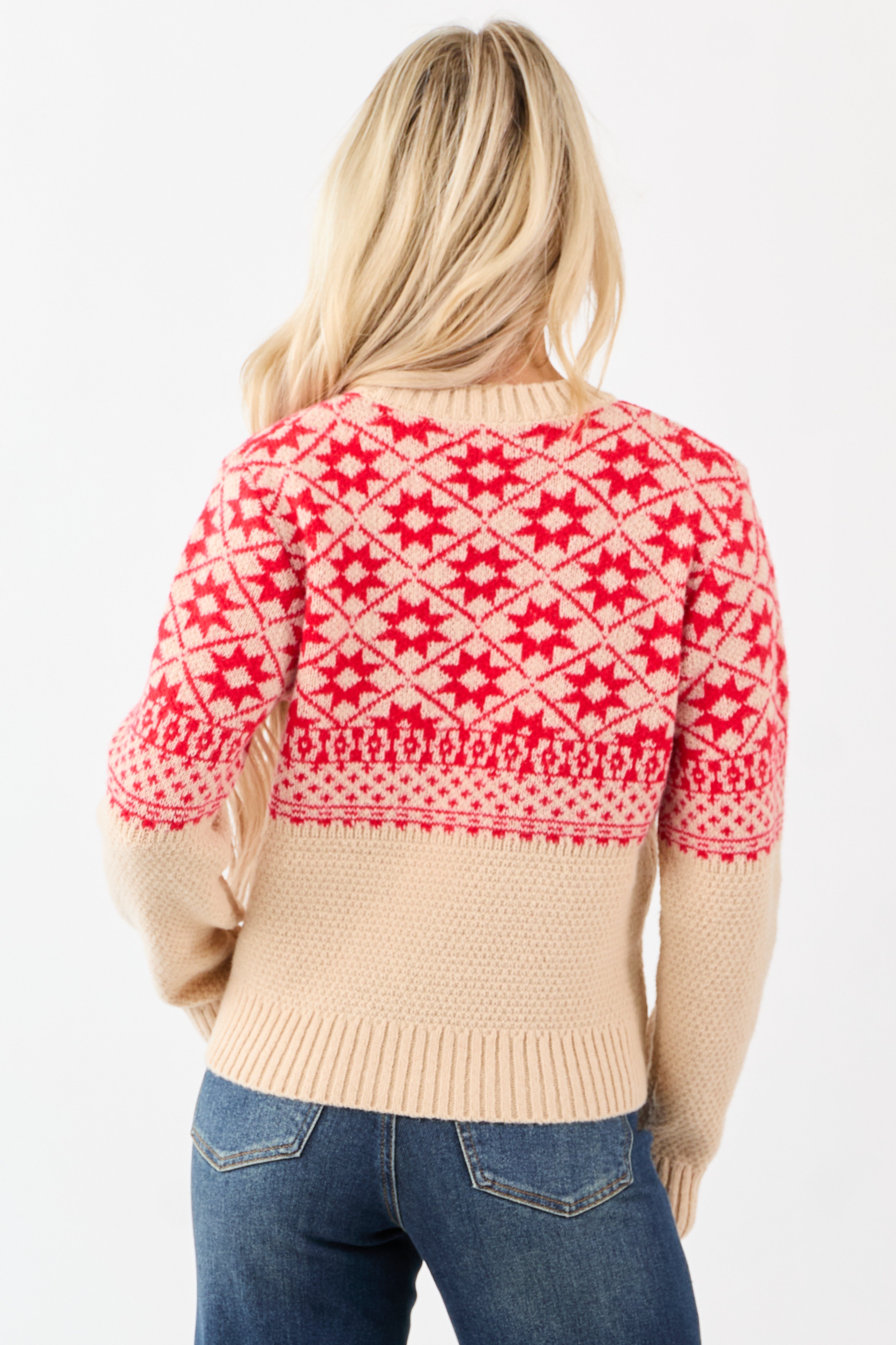 Beige and Crimson Geometric Print Sweater