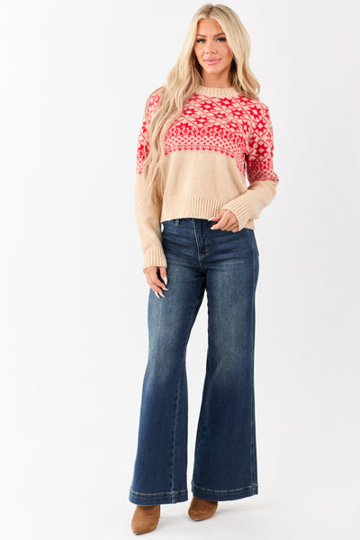 Beige and Crimson Geometric Print Sweater