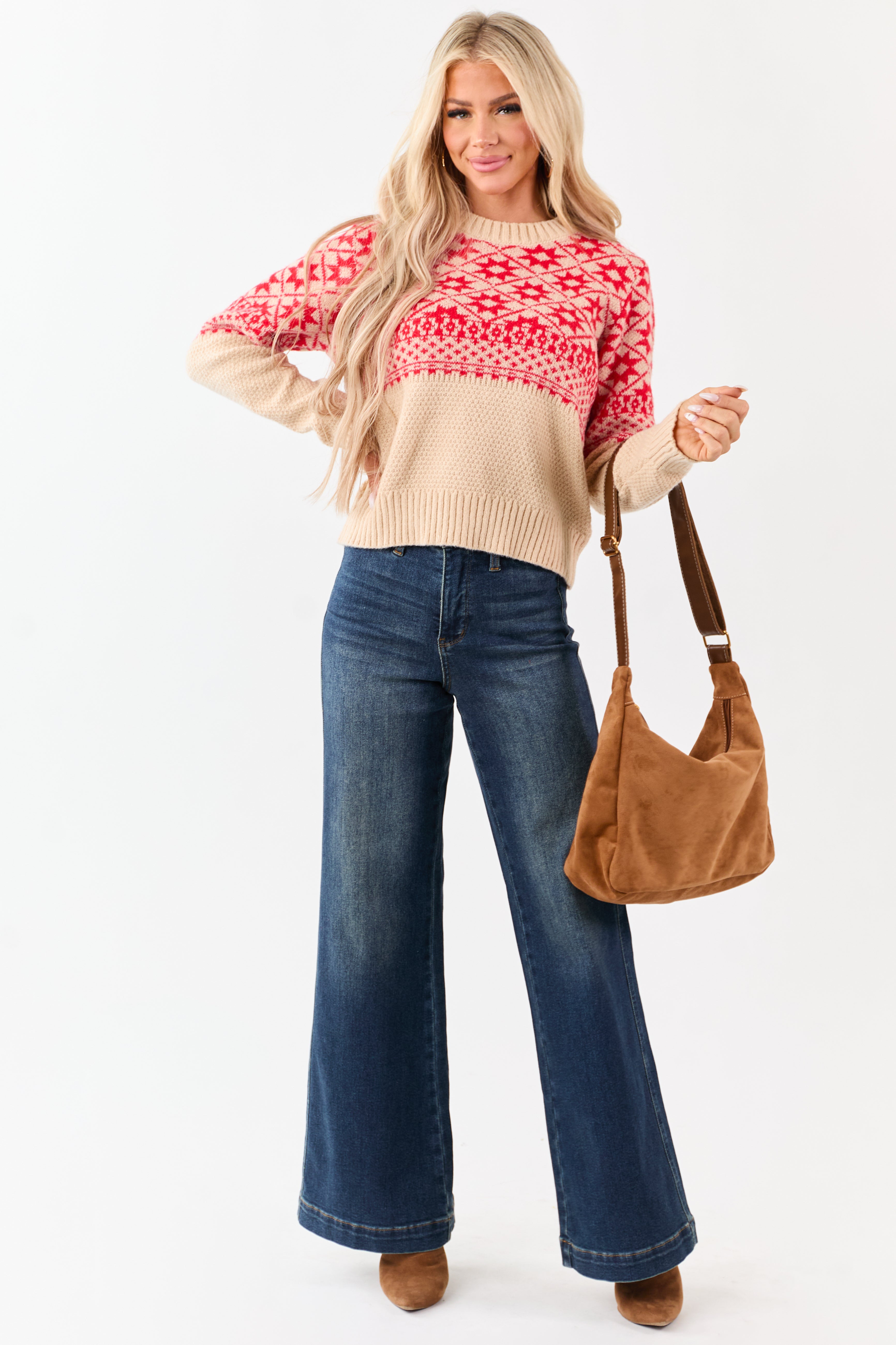 Beige and Crimson Geometric Print Sweater