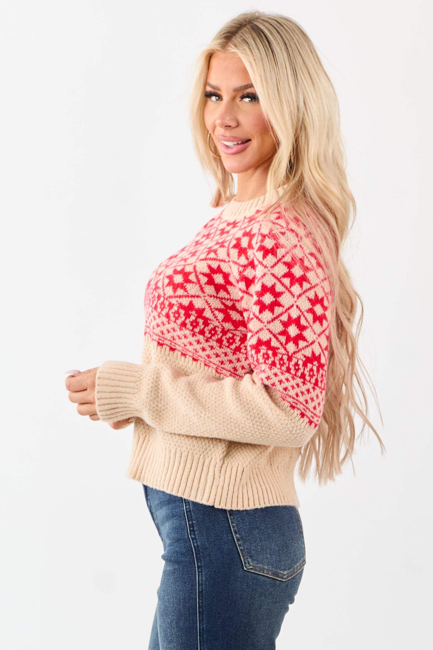 Beige and Crimson Geometric Print Sweater