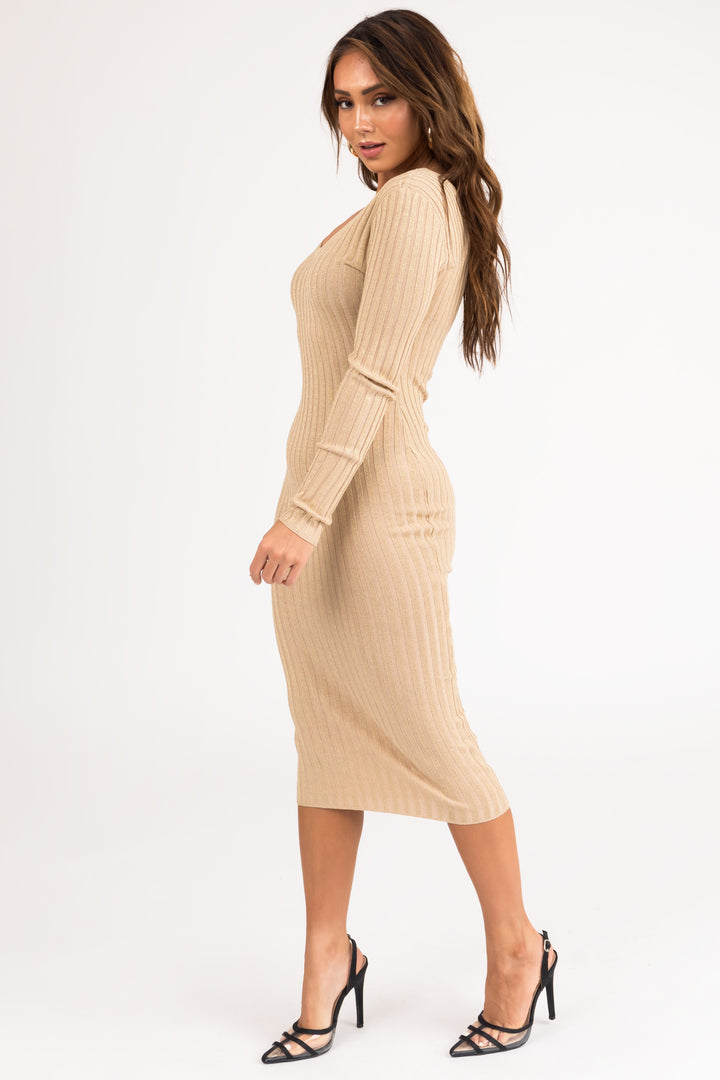Beige and Gold Double V Ribbed Knit Maxi Dress