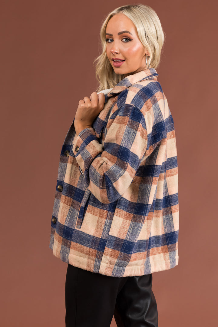 Beige and Navy Plaid Button Up Collared Shacket