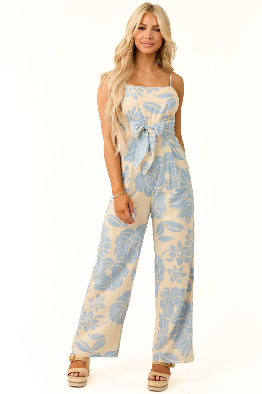 Beige and Powder Blue Floral Print Jumpsuit