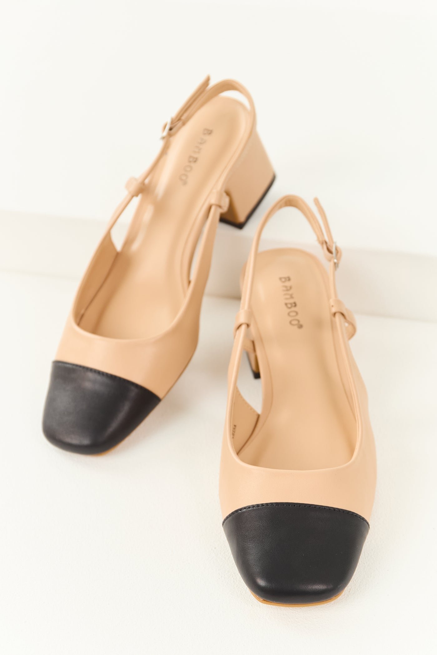 Beige Contrast Square Toe Faux Leather Heels Beige Contrast Square Toe Faux Leather Heels
