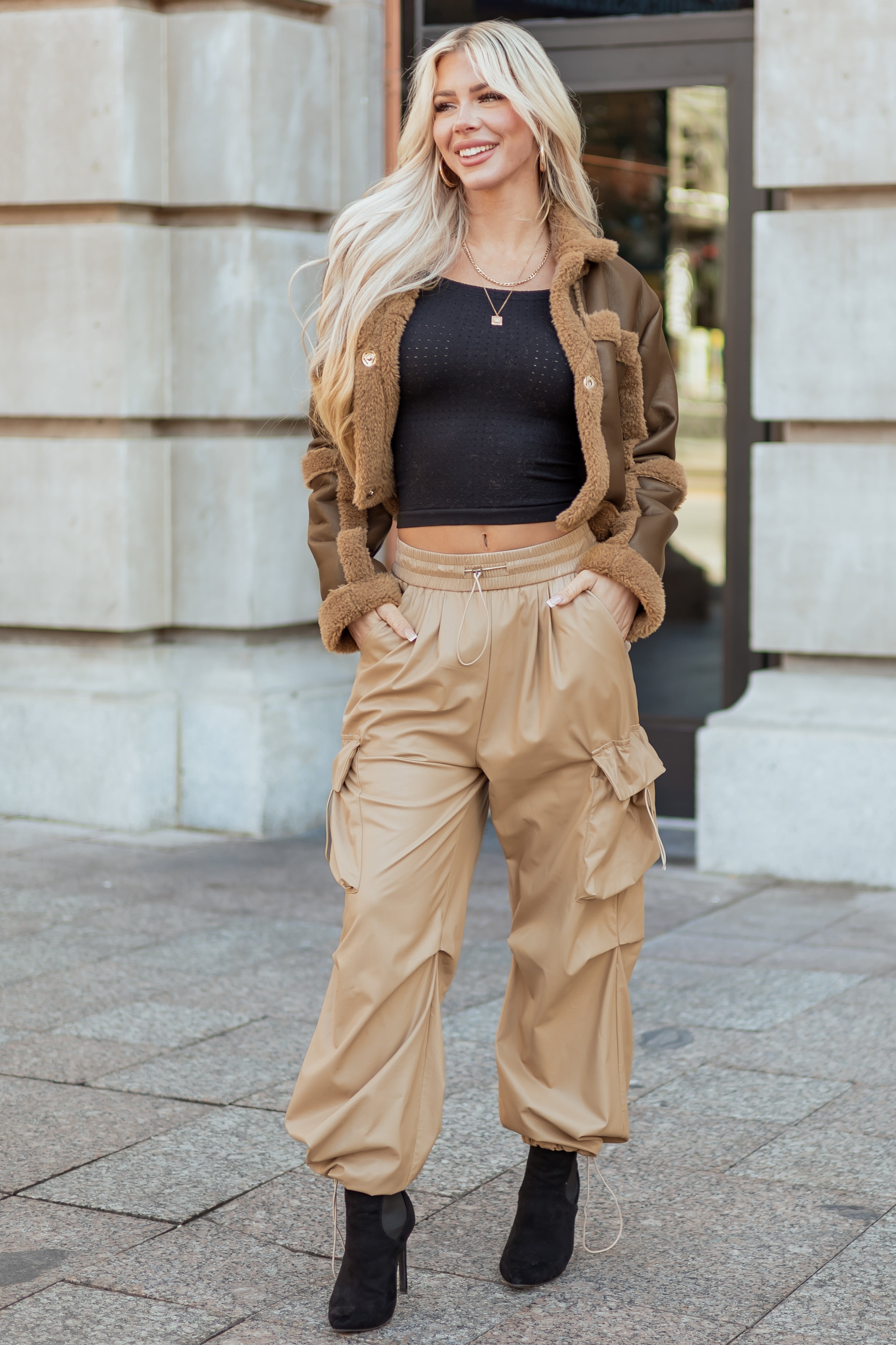 Beige Faux Leather Elastic Waist Cargo Pants | Lime Lush Boutique
