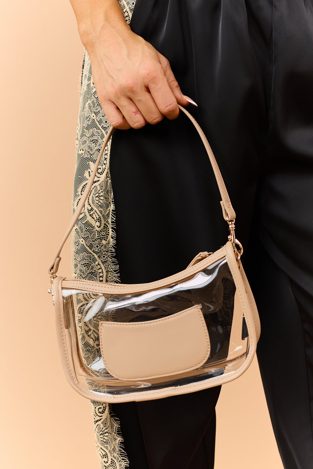 Beige Faux Leather Trim Clear Purse
