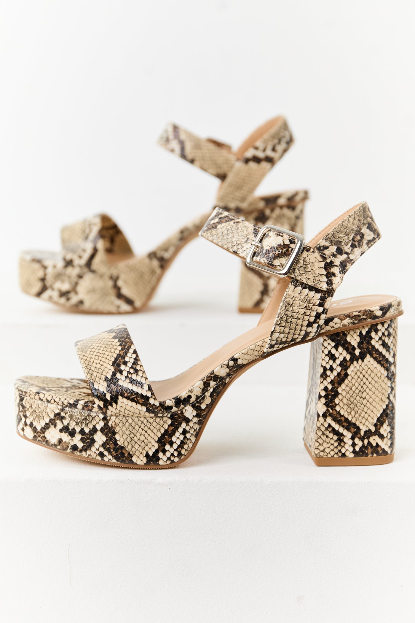 Beige Faux Snakeskin Ankle Strap Platform Heels