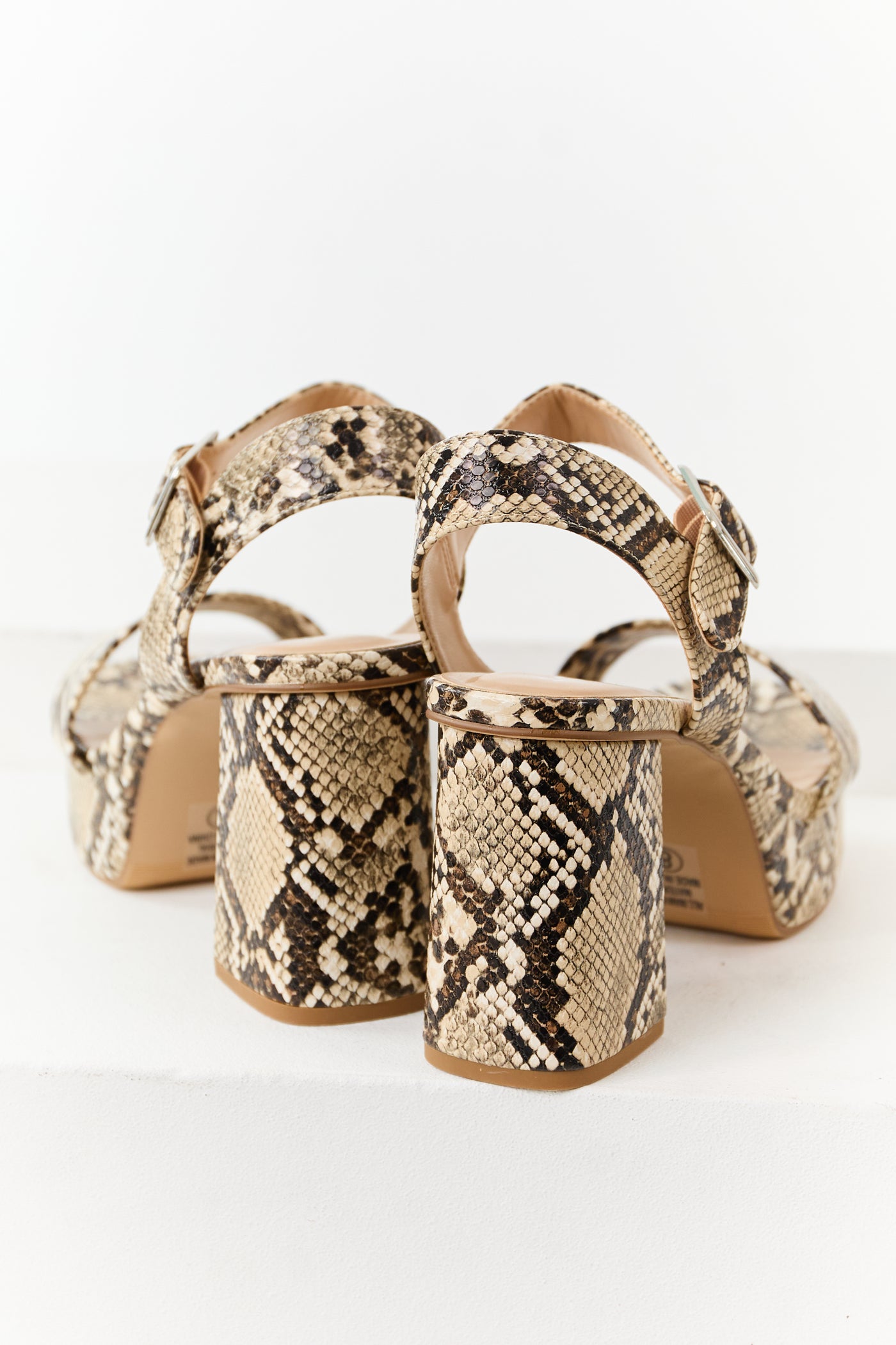 Beige Faux Snakeskin Ankle Strap Platform Heels