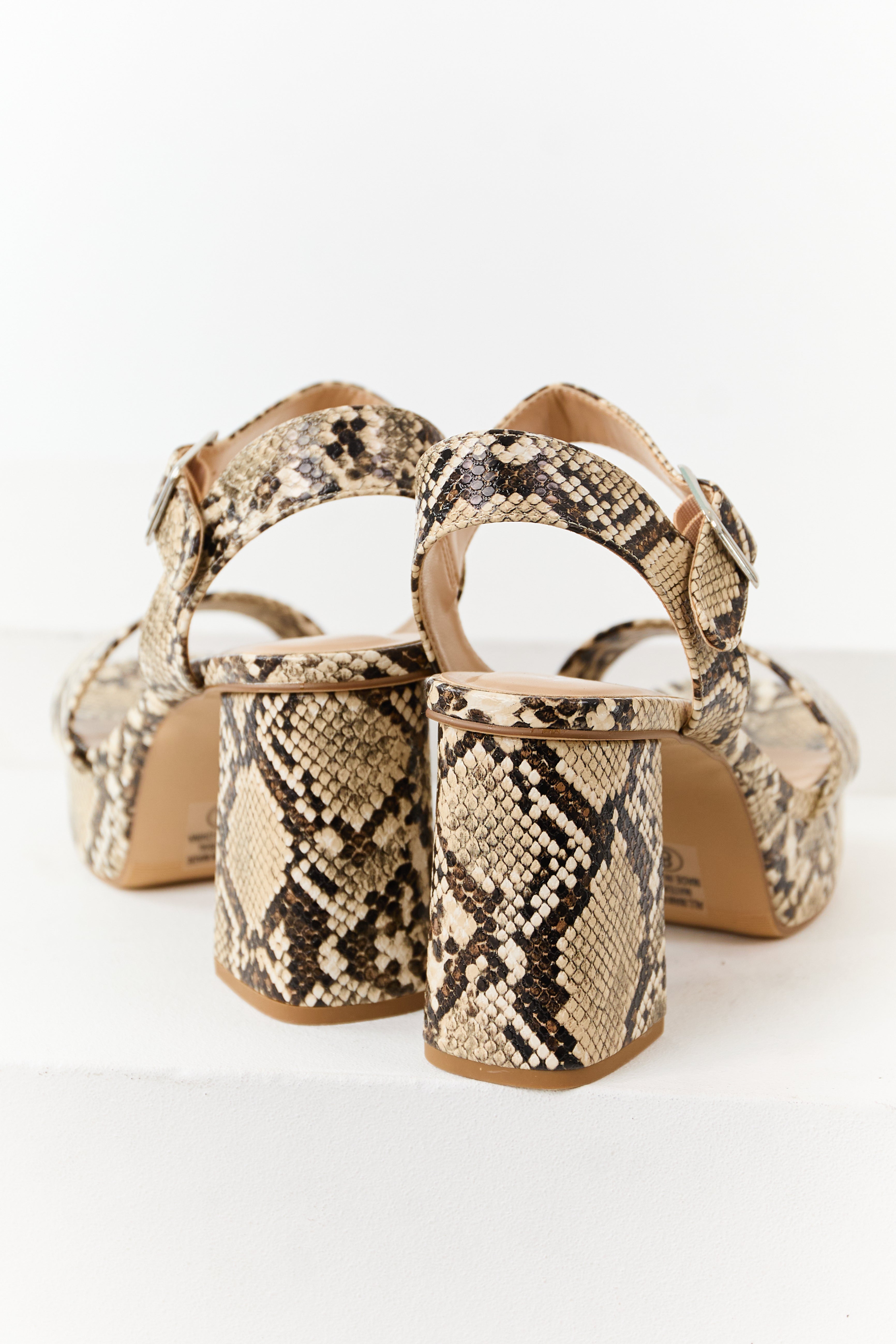 Beige Faux Snakeskin Ankle Strap Platform Heels