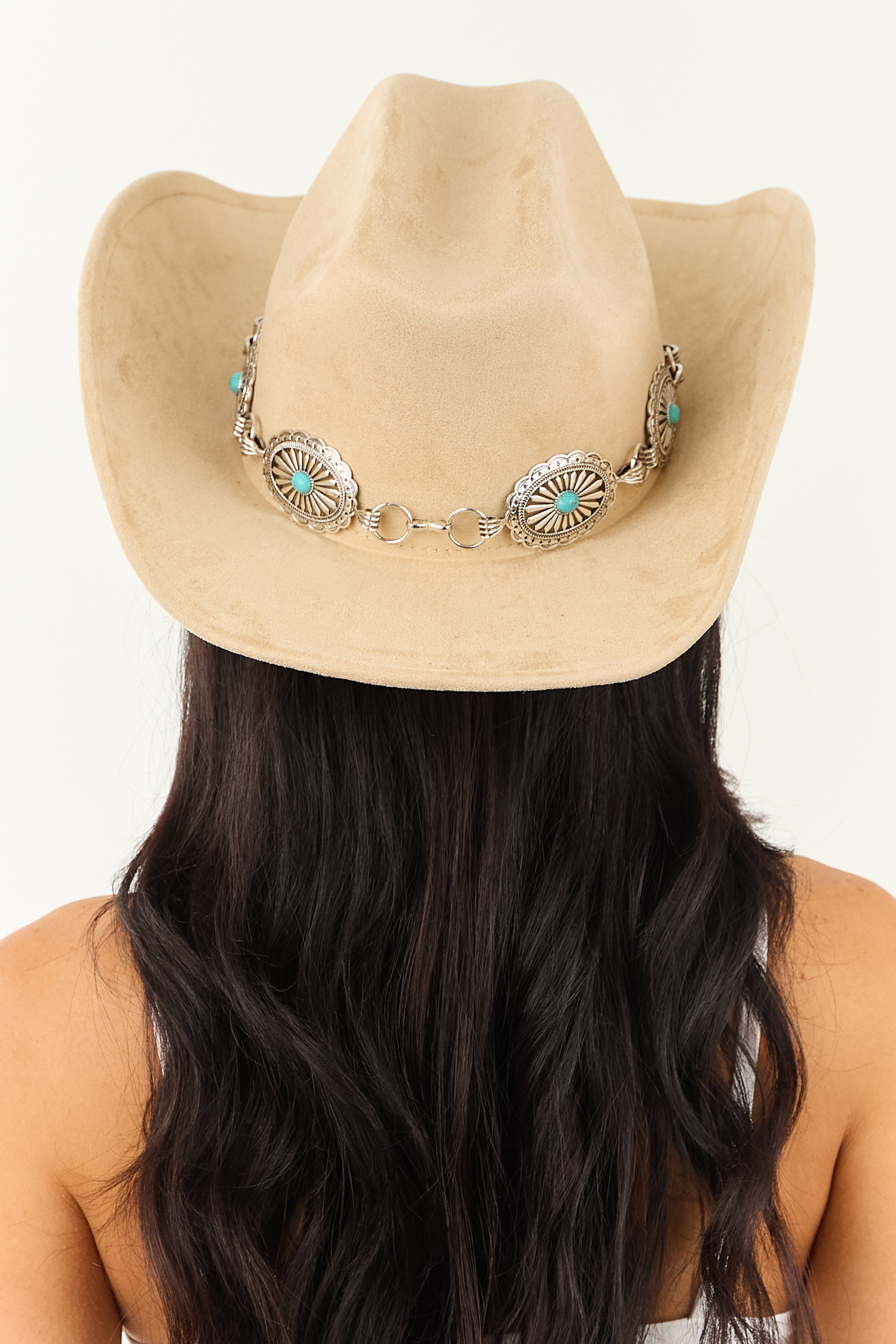 Beige Faux Suede Concho Belt Western Cowboy Hat