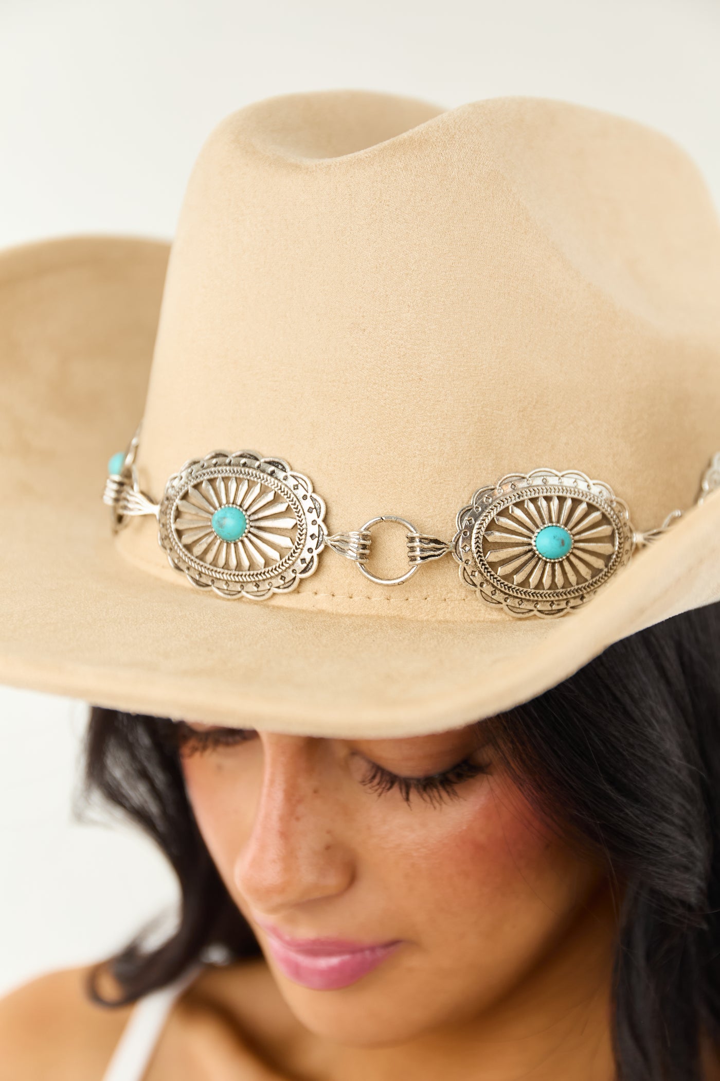 Beige Faux Suede Concho Belt Western Cowboy Hat