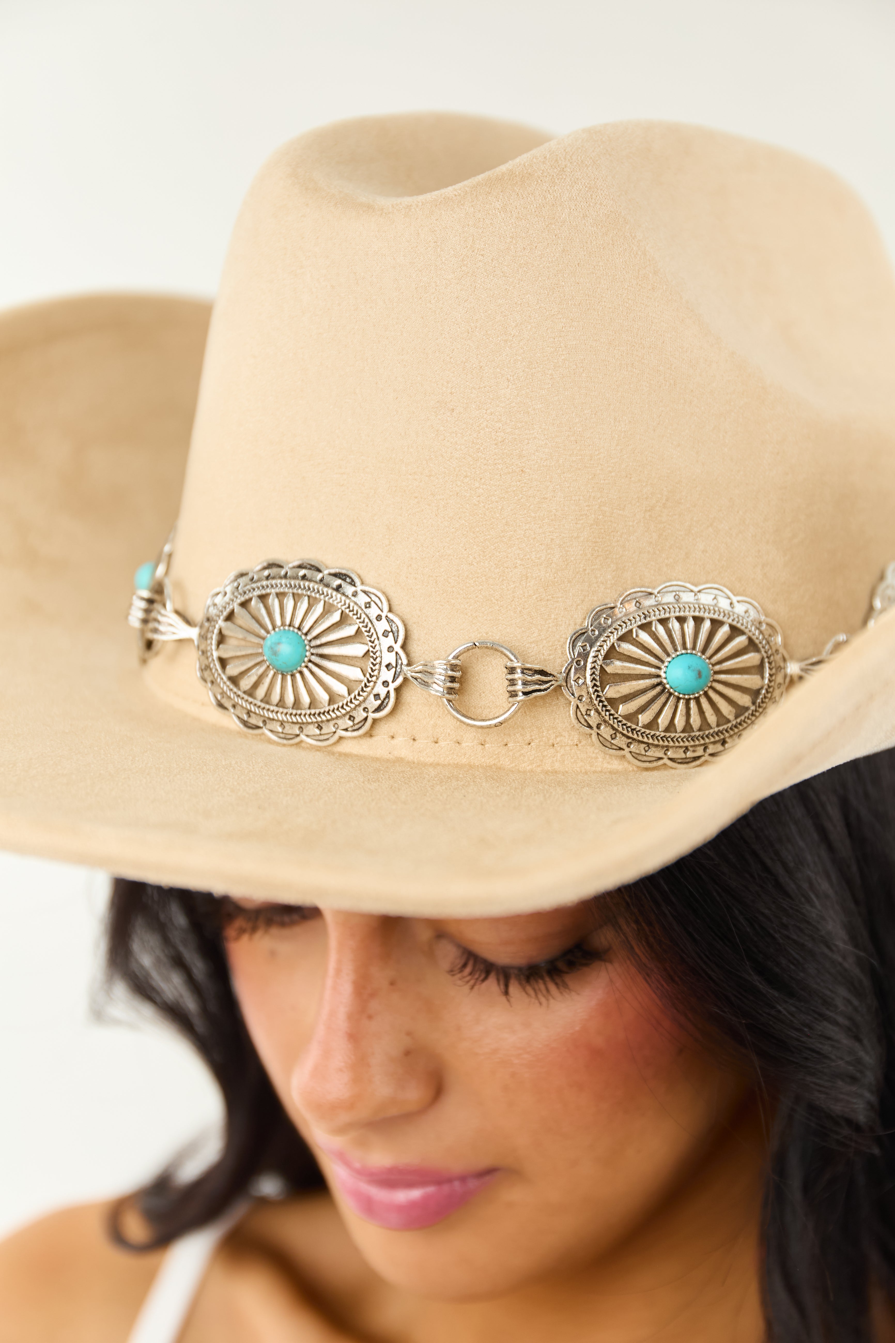Beige Faux Suede Concho Belt Western Cowboy Hat