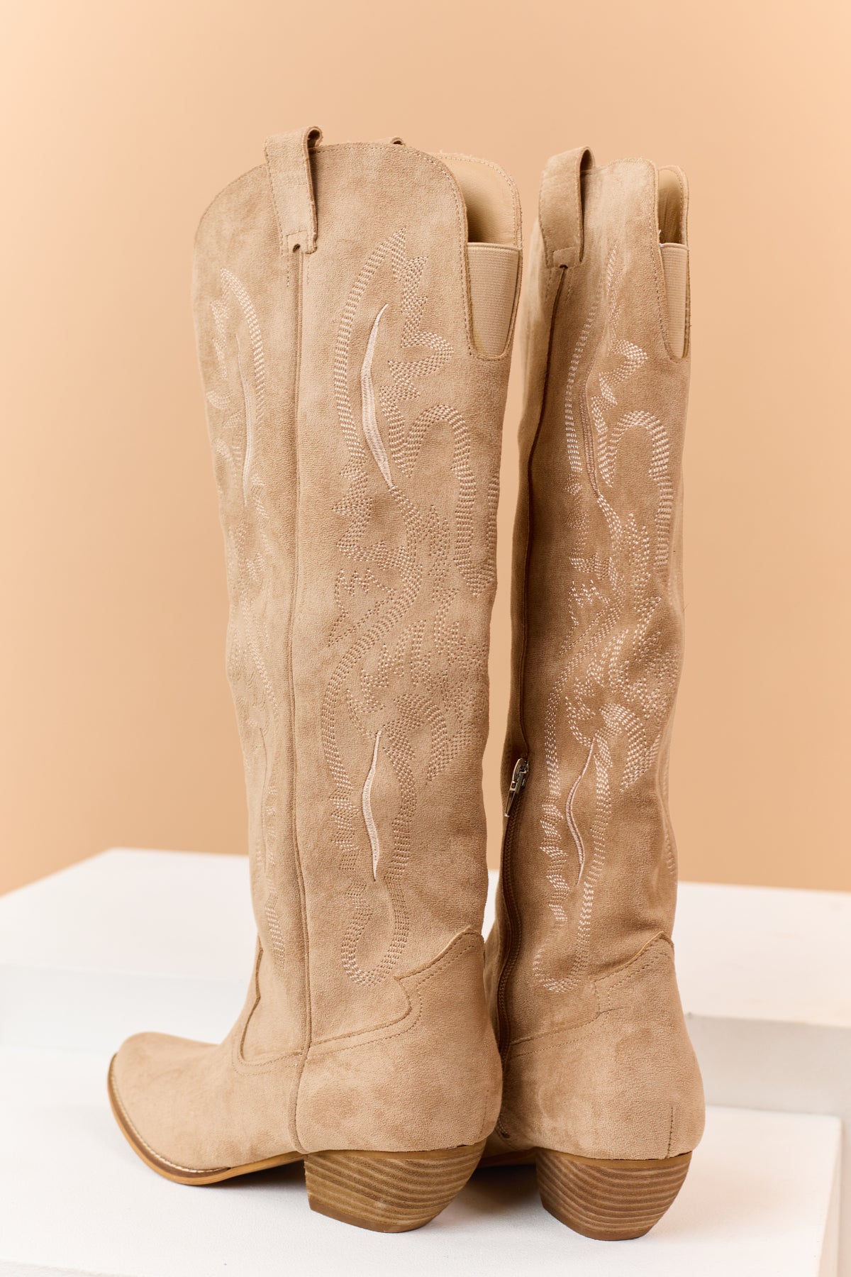 Beige Faux Suede Embroidered Tall Cowgirl Boots
